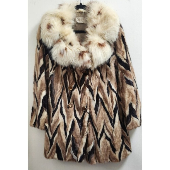 Vintage Marie Enny Real Mink Fur Coat Genuine FoxFur Collar Tiger Stripe Pattern - Picture 2 of 15
